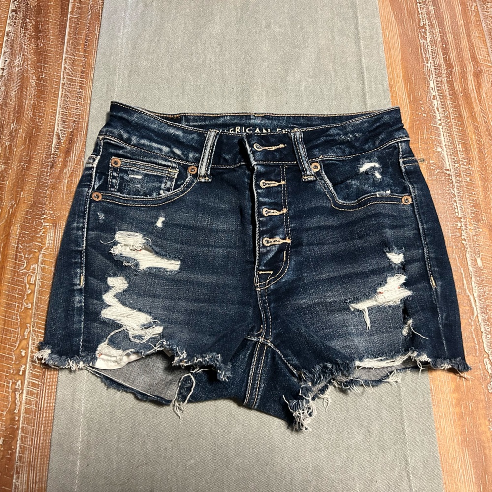 American Eagle Outfitters Dark Indigo Distressed High-Rise Jean Shorts